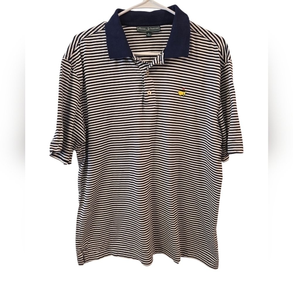 MASTERS COLLECTION MEN'S BLUE AND WHITE STRIPED GOLF POLO SHIRT. SIZE LARGE.